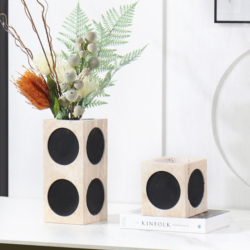 现代天然大理石花瓶客厅插花干花样板间玄关桌面软装饰品花器摆件