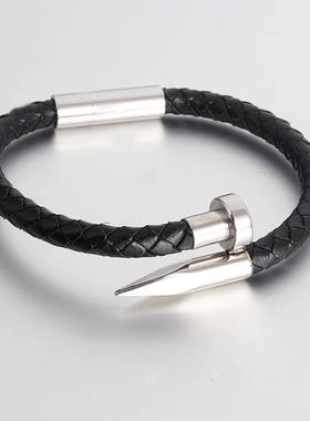 钉子手镯钛钢皮革皮绳手链不锈钢男士编织手链手工真皮手环L19167