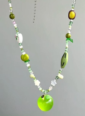 青苹果乐园小清新绿苹果项链少女心甜美森系串珠choker锁骨链颈链