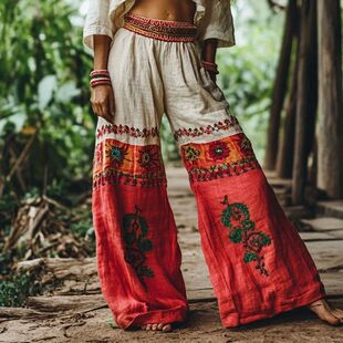 女 脚长裤 Printed waistband pants 印花大码 loose 阔腿系腰绳大裤