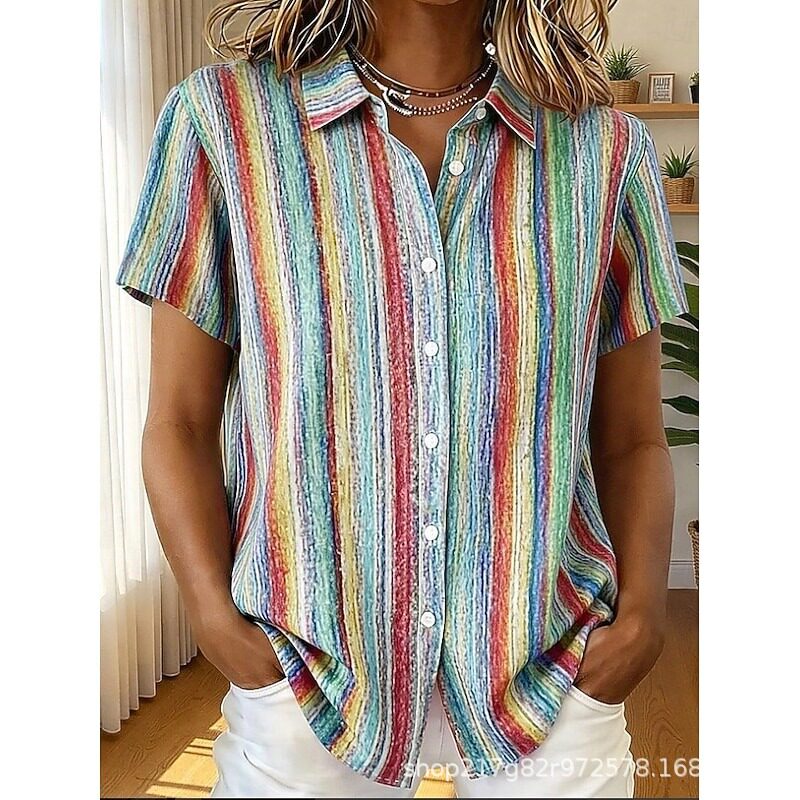 复古风彩色条纹V领短袖衬衫 Striped V-neck short sleeved shirt