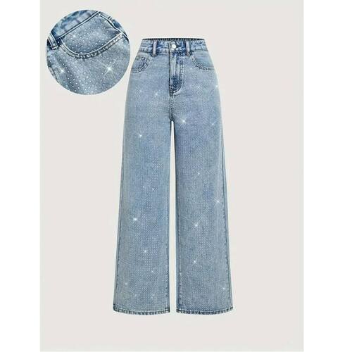 烫珠休闲直筒水洗女式牛仔裤Hot bead casual straight leg jeans
