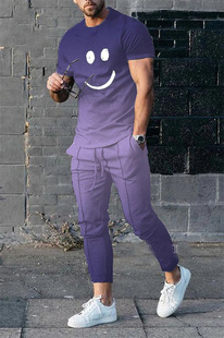 3D smiley face T-shirt and trouser suit休闲3D笑脸T恤长裤套装