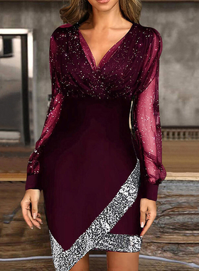 Netesh V collar sequin slim dress  女式网纱V领亮片修身连衣裙