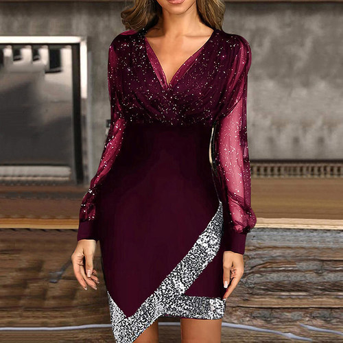 Netesh V collar sequin slim dress  女式网纱V领亮片修身连衣裙