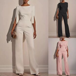 女士纯色钉珠中袖连体裤Women's solid color nail bead jumpsuit