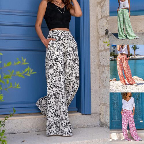 Slim waist printed pleated wide leg pants 松紧腰印花阔腿长裤