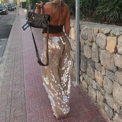 纯色高腰卡其色大亮片长裤 Khaki sequined long pants for women