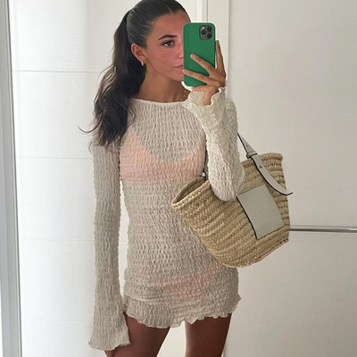 纯色露背长袖系带连衣裙