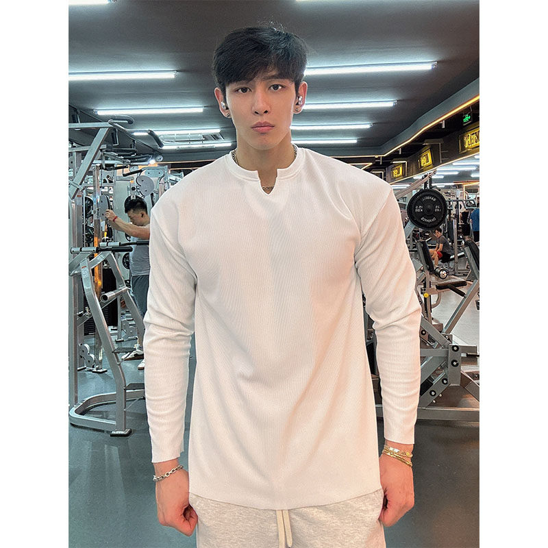 秋冬V领设计纯色长袖时尚螺纹上衣休闲打底衫健身训练速干男T恤,男装,T恤,淘宝优惠券,粉丝福利购,淘宝优惠卷