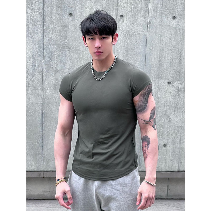 美式健身短袖男款潮圆领2025新款运动纯色百搭修身三分袖运动T恤