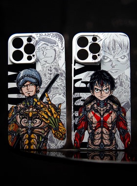 新款海贼王创意动漫适用于苹果14promax罗/13基德/12路飞/11promax机甲风白色底全包硬壳屏幕全包一加手机壳