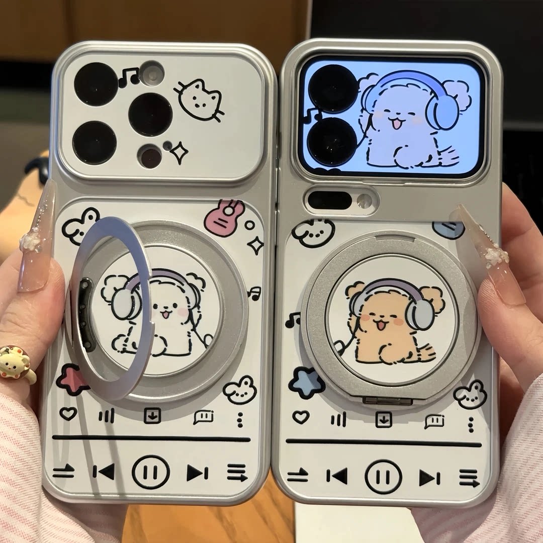 音乐耳机小狗适用iPhone17promax旋转支架手机壳16plus可爱小米17pro小众vivos60情侣华为nova16保护壳Reno16