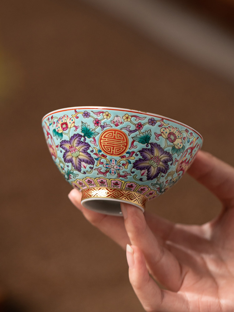 陶福德景德镇重工手绘珐琅彩缠枝纹茶杯高端青花主人杯陶瓷茶具