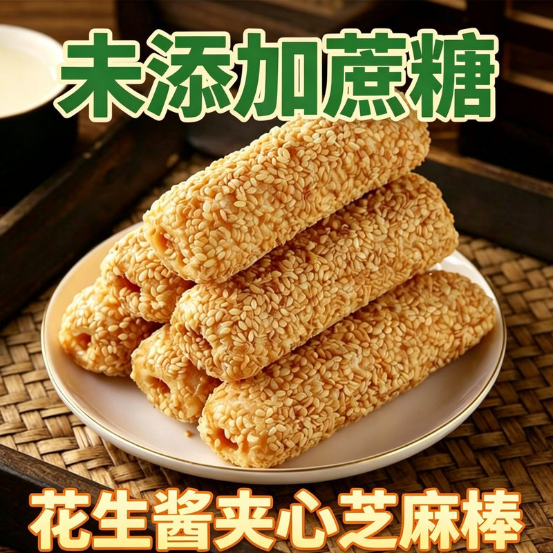 无蔗糖花生酱夹心芝麻棒软糯轻甜不油腻玉米粗粮早餐点心独立包装