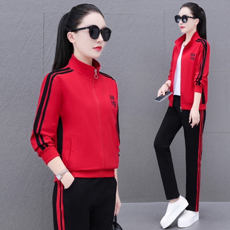 【两件套/三件套】高棉时尚休闲运动套装女春秋插条撞色中年妈妈
