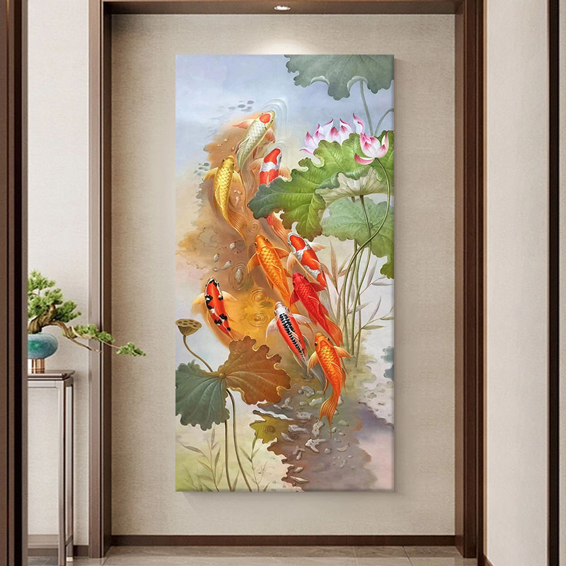 九鱼图手绘油画荷塘月色客厅装饰画入户玄关荷花挂画锦鲤楼梯壁画