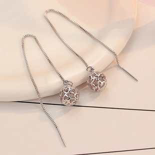 纯银镂空爱心小球耳线女耳饰韩国简约气质长款玲珑球球耳坠