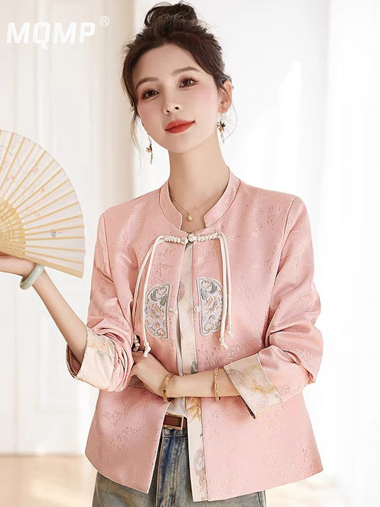 络秋系列 |国潮风新中式外套女2025新款盘扣刺绣拼接立领休闲上衣