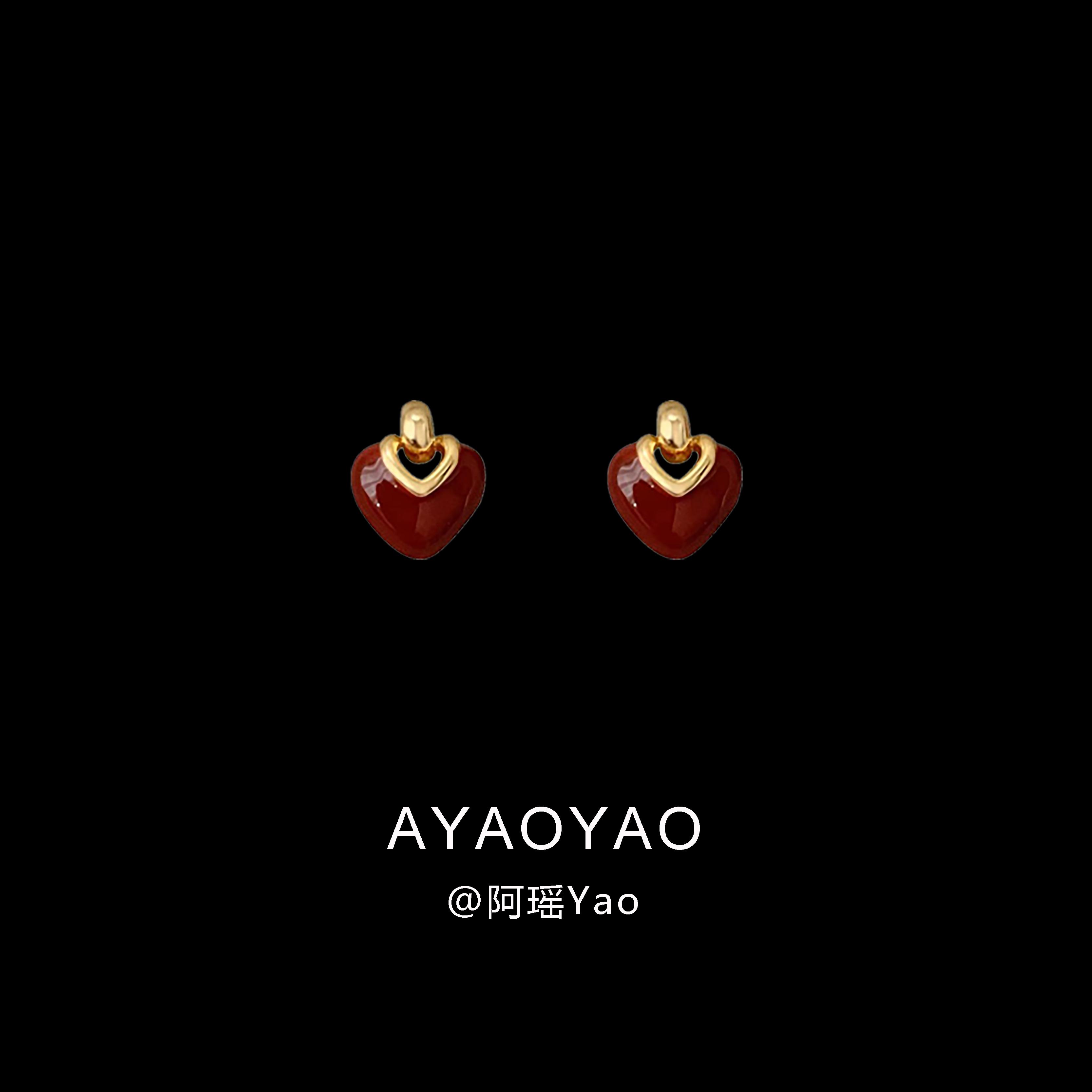 复古新年酒红色爱心无耳洞耳夹女