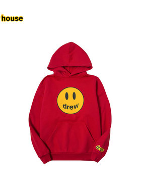 drew house mascot笑脸图案宽松连帽卫衣红色纯棉连帽衫男女同款