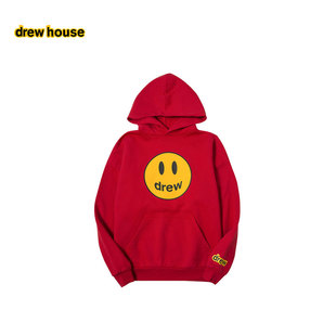 drew house mascot笑脸图案宽松连帽卫衣红色纯棉连帽衫男女同款