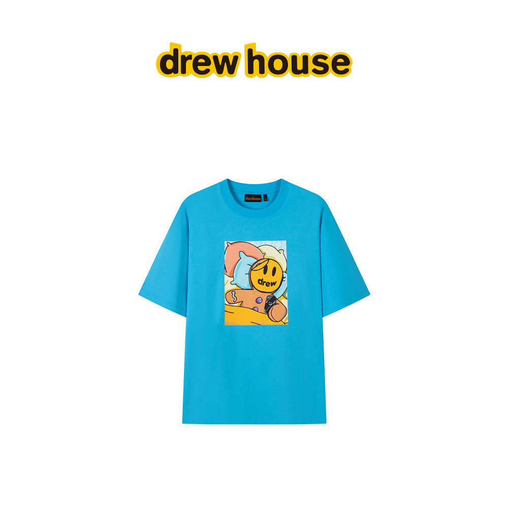 drew house drew姜饼人图案湖蓝色短袖T恤纯棉休闲男女同款