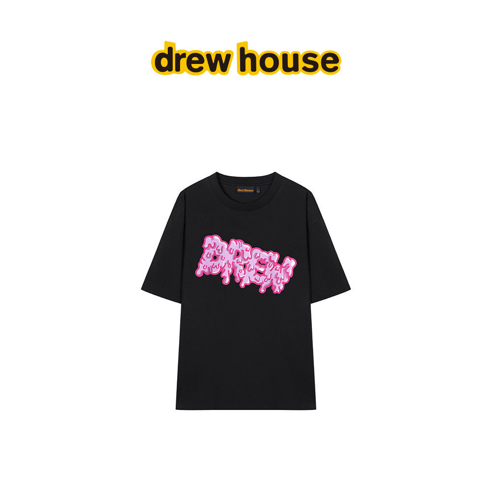 drew house gum卡通字母图案黑色圆领短袖T恤纯棉休闲男女同款