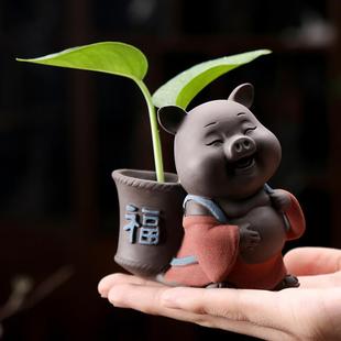 禅意小清新水培花器 办公室花瓶小摆件 创意中式 桌面可爱猪装 饰品