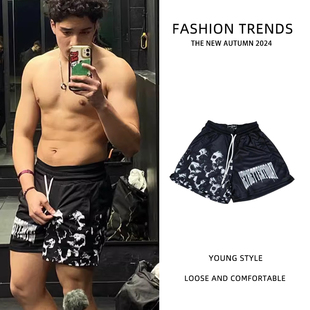 男跑步训练网眼运动球裤 速干健身三分裤 夏 美式 骷髅头黑色篮球短裤