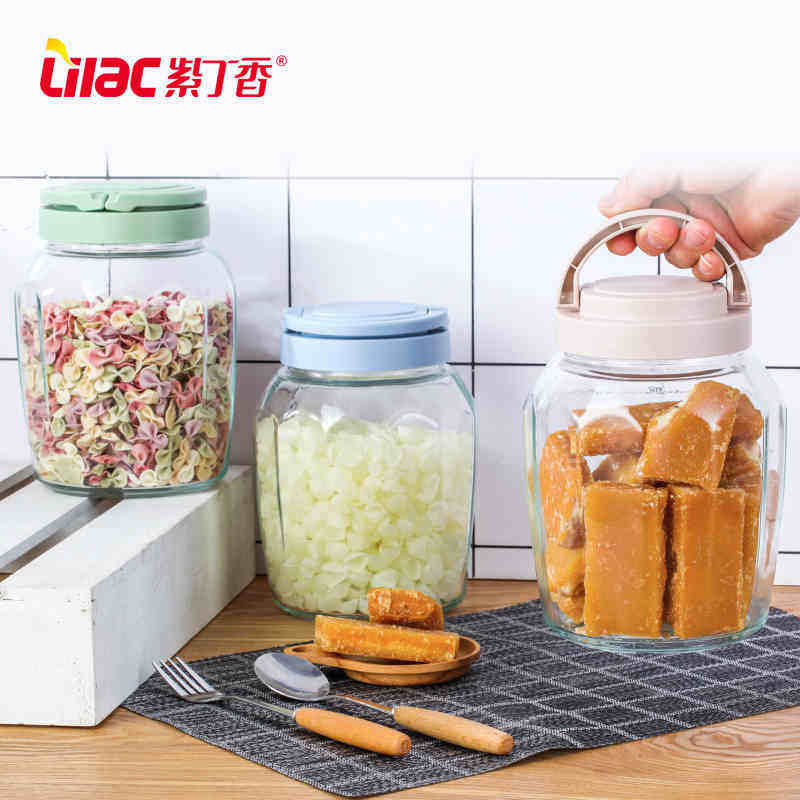 紫丁香加厚透明玻璃瓶密封罐带盖大号圆形厨房家用防潮储物杂粮罐