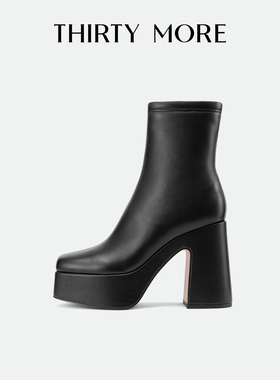 Thirty More增高防水台时装短靴女2025秋冬新款侧拉链复古瘦瘦靴