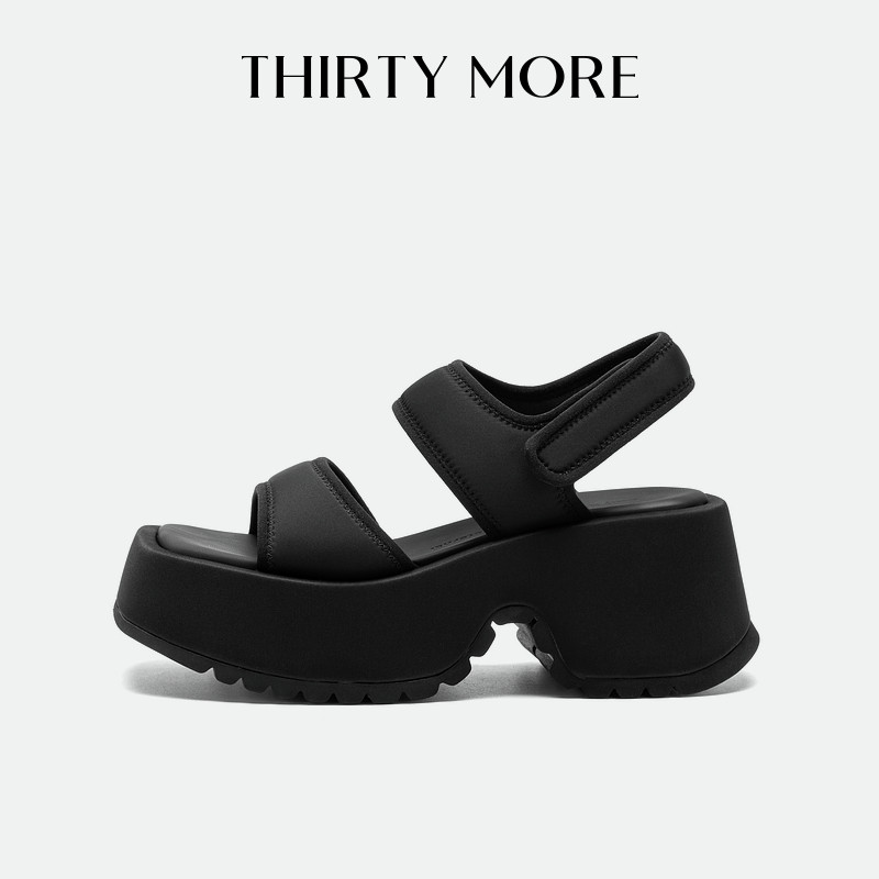 Thirty More厚底凉鞋女2026夏季新款魔术贴松糕底性感露趾凉鞋黑