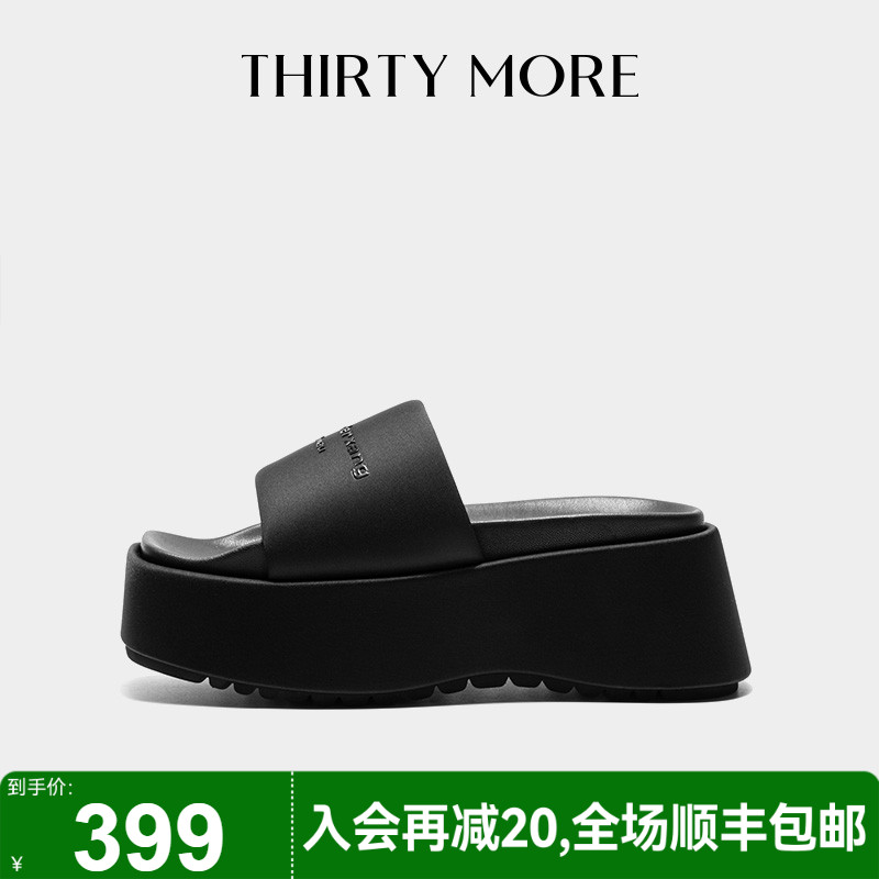 THIRTY MORE厚底凉拖女2025夏季新款简约黑色休闲拖鞋外穿一字拖