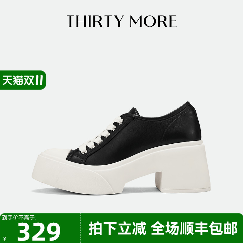 Thirty More粗跟休闲鞋女2025春季新款系带百搭增高女鞋复古单鞋