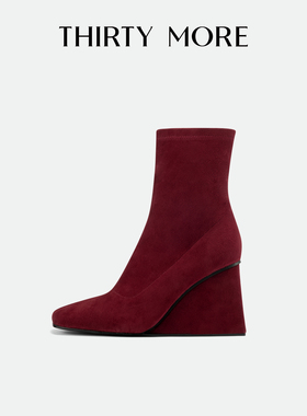 【智感翻红】Thirty More红色高跟短靴女2025秋冬新款复古时装靴