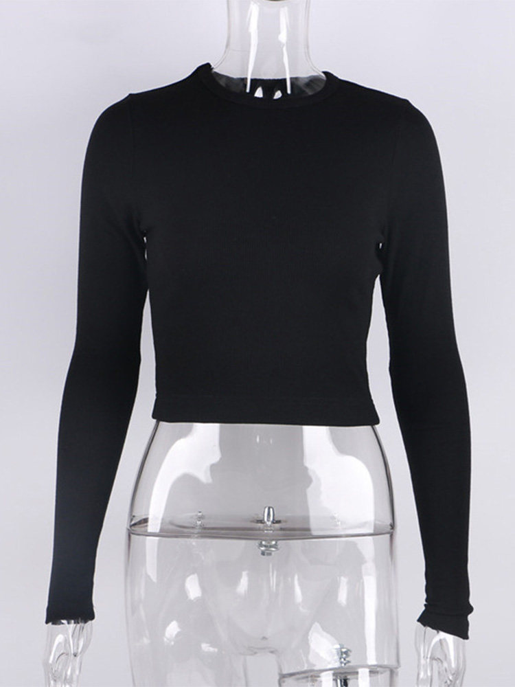 O NECK LONG SLEEVE SHIRT WOMEN RIBBED SEXY CROPPED TOPS 2022