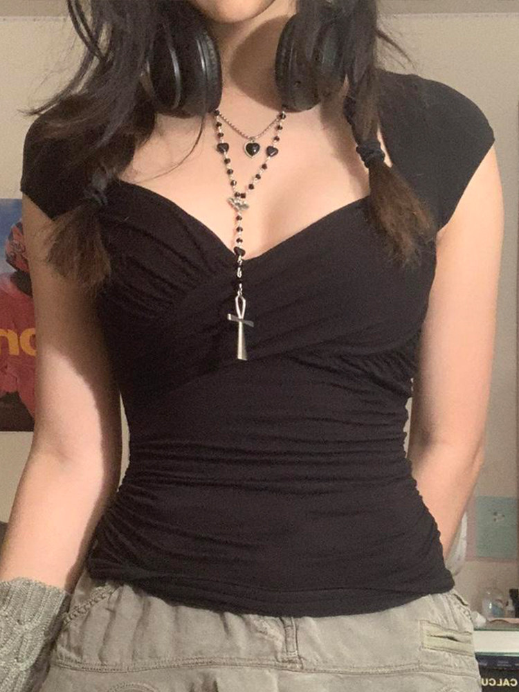RAPCOPTER Y2K CROSS CROP TOP FOLDS BLACK SQUARE COLLAR T SHI