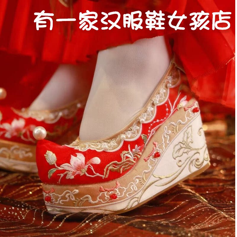 新款超高跟10厘米汉服鞋子女古风红色绣花鞋坡跟新娘结婚秀禾婚鞋