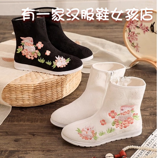 秋冬新款汉服鞋古风绣花靴子古风短靴民族风老北京布鞋平底女单靴