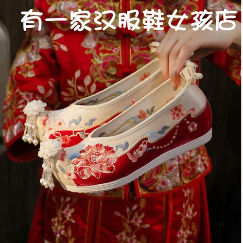 汉服鞋内增高绣花鞋翘头弓鞋布鞋
