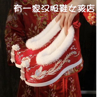秋冬季新款加绒汉服鞋子女古风棉鞋加棉绣花鞋翘头弓鞋明制拜年鞋