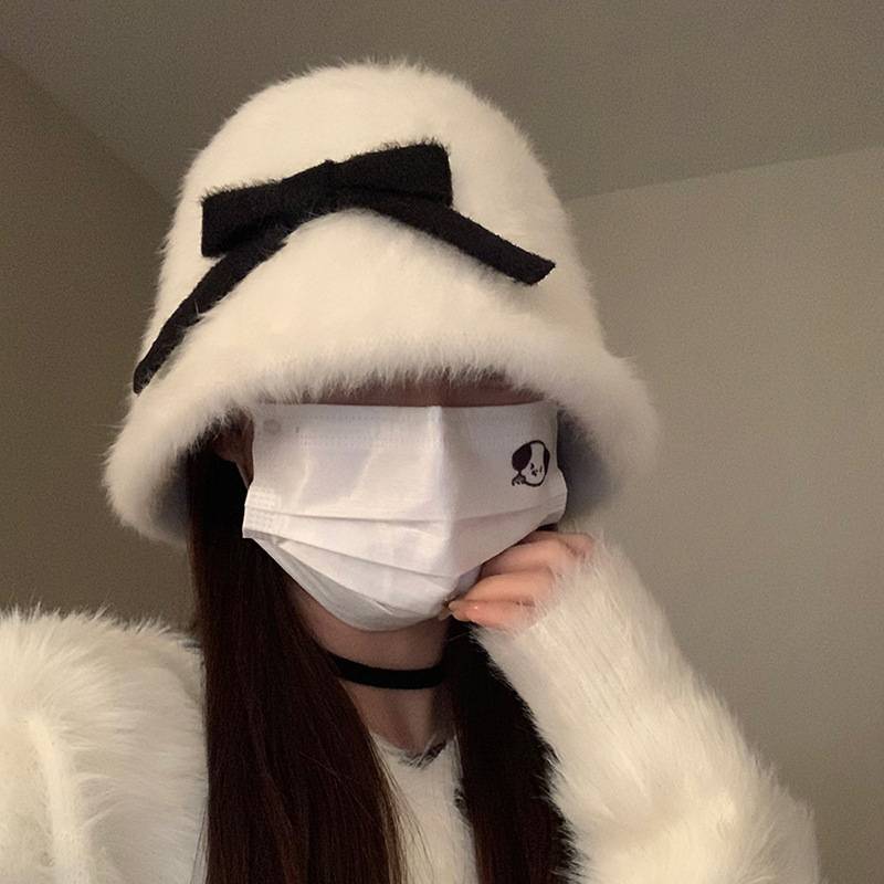 高级感毛茸茸兔毛渔夫帽女秋冬白色水桶帽子日系大头围显脸小盆帽