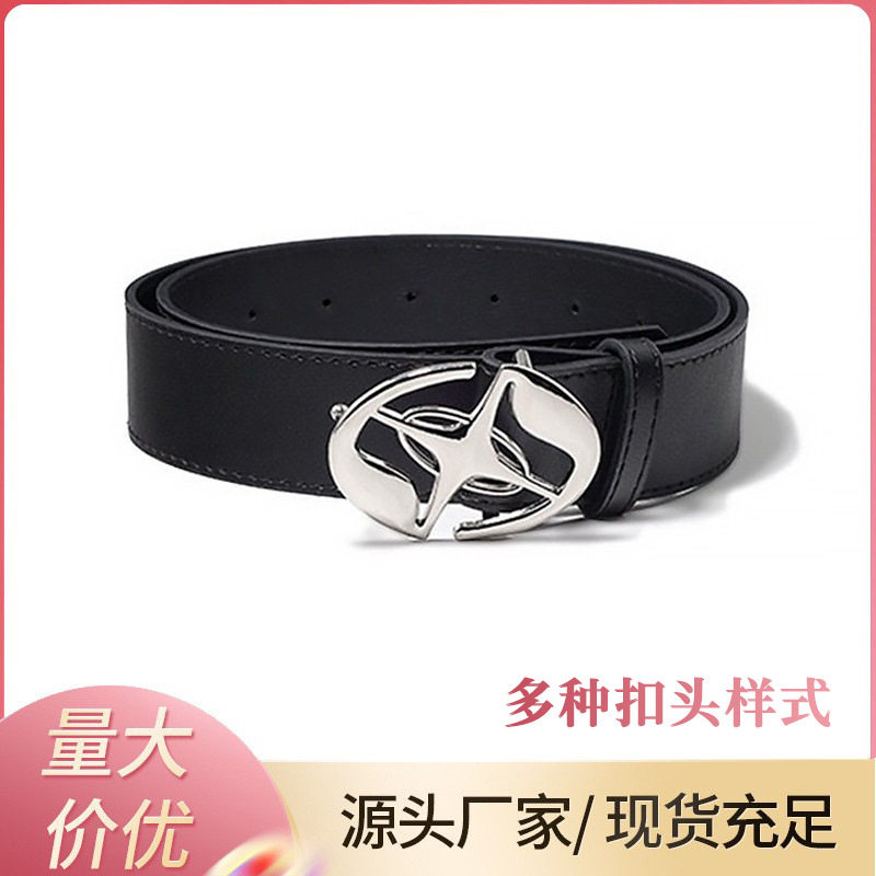 新款韩版ins风男女复古时尚潮流百搭小众腰带logo金属扣黑色皮带