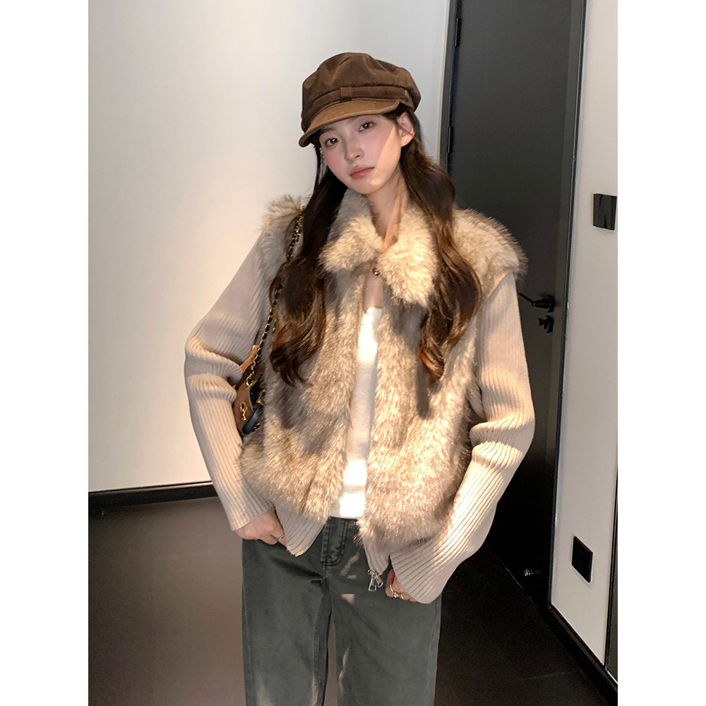 2026冬季新款时尚复古温柔风短款针织袖拼接皮草毛毛外套女小个子