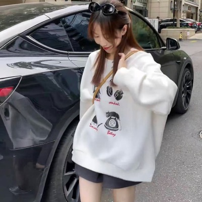 灰色卡通印花圆领套头卫衣女2025早秋季新款宽松遮肉百搭长袖上衣