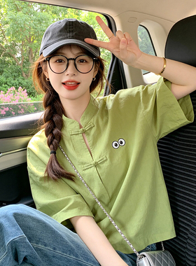 新中式绿色棉麻印花短袖t恤女宽松独特超好看年轻版盘扣改良唐装