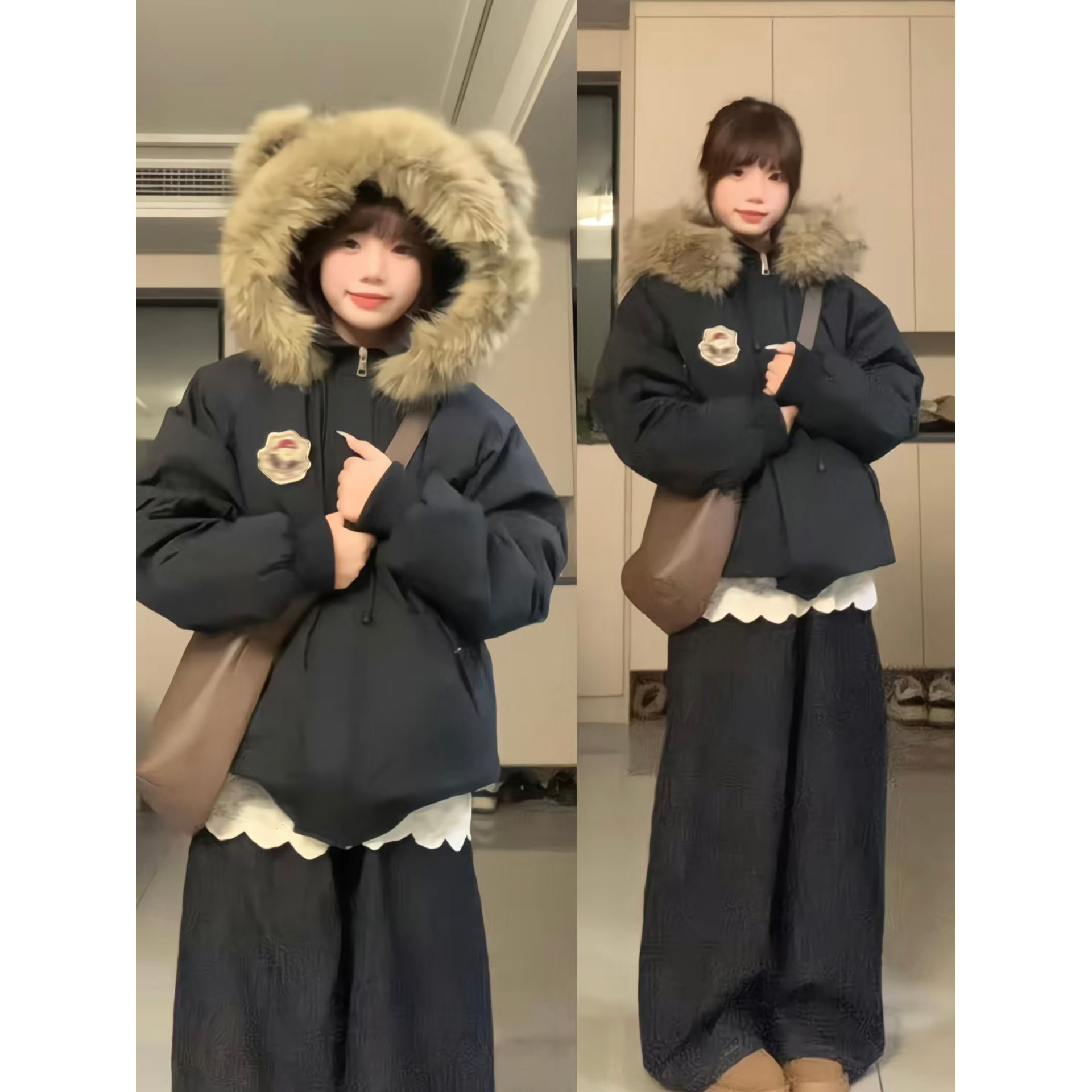 小熊加绒派克服冬装韩系棉服女款2026新款冬季独特加厚棉袄厚外套