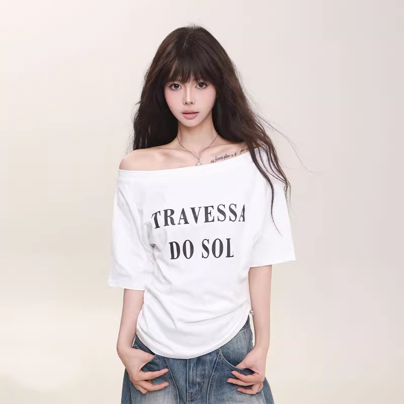 220克92%棉8%氨纶美式辣妹斜肩字母印花短袖T恤女