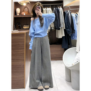 韩系chic别致斜领露肩针织衫女早秋新款宽松慵懒套头毛衣短款套装